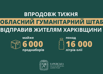 Упродовж тижня Обласний гумштаб відправив жителям Харківщини майже 6000 проднаборів і понад 16000 літрів олії